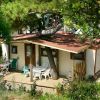 Casa di legno con terrazza sotto un albero, sedie di plastica bianche.
