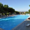 Una piscina all'aperto circondata da alberi, con lettini e ombrelloni.