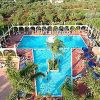 Piscina a forma di clessidra con pergolato e palme circostanti.