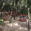 Parco giochi tra gli alberi con altalene e giostre.