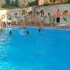 Persone giocano in piscina, con spettatori seduti sui lettini.