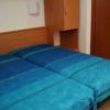 Due letti con copriletto blu in una stanza semplice.