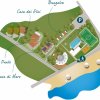 Mappa di un resort con bungalow, piscina, campi sportivi e accesso alla spiaggia.