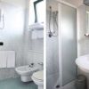 Bagno con lavabo, bidet, WC e doccia. Arredamento bianco e chiaro.