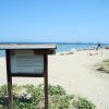 Spiaggia sabbiosa con cartello informativo e mare sullo sfondo.