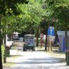 Stradina sterrata in campeggio, con golf cart e tende.