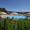 Piscina circondata da ombrelloni gialli e sedie a sdraio, con piante verdi in primo piano.