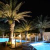 Piscina illuminata di notte con palme.