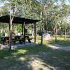 Tavolo da picnic sotto un pergolato in uno spazio aperto con alberi.