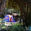 Una tenda blu e arancione montata in un campeggio alberato.